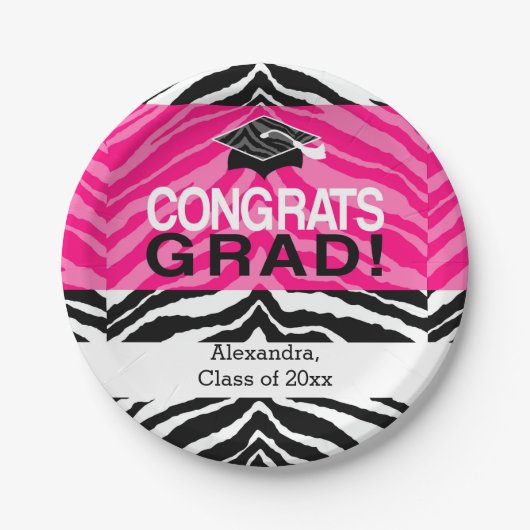 Hot-roze Zebra-grats Girl's Graduation Party Papieren Bordje (Voorkant)
