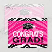 Hot-roze Zebra-grats Girl's Graduation Party Uitnodiging Briefkaart (Voorkant / Achterkant)