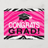 Hot-roze Zebra-grats Girl's Graduation Party Uitnodiging Briefkaart (Voorkant)