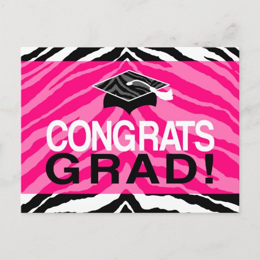 Hot-roze Zebra-grats Girl's Graduation Party Uitnodiging Briefkaart (Voorkant)