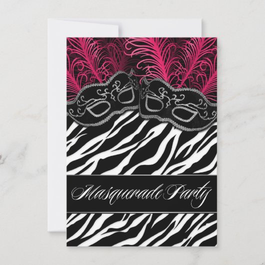 Hot-roze Zebra Masquerade Ball Party-uitnodigingen Kaart (Voorkant)