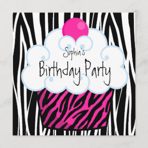 Hot-roze Zebra meisjes Cupcake Birthday Party Kaart