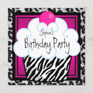 Hot-roze Zebra meisjes Cupcake Birthday Party Kaart