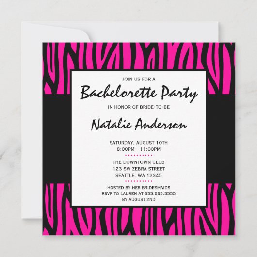 Hot-roze Zebra Modern Bachelorette Party Kaart (Voorkant)