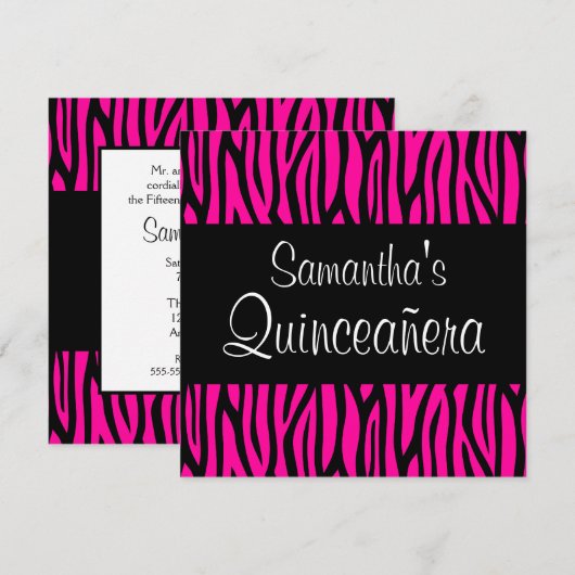 Hot-roze Zebra moderne Quinceanera-uitnodigingen Kaart (Voorkant / Achterkant)