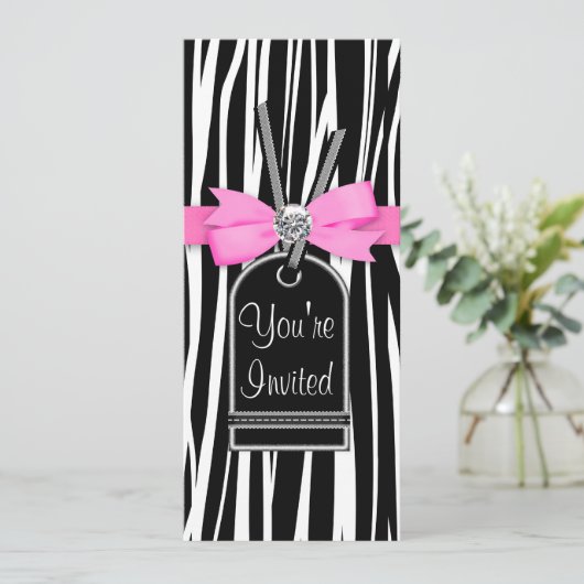 Hot-roze Zebra Party-uitnodiging Sjabloon Kaart (Staand voorkant)