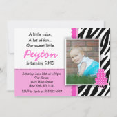 Hot-Roze Zebra print eerste verjaardag uitnodiging (Voorkant)