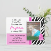 Hot-Roze Zebra print eerste verjaardag uitnodiging (Staand voorkant)