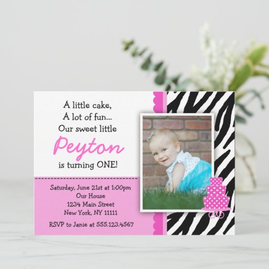 Hot-Roze Zebra print eerste verjaardag uitnodiging (Staand voorkant)