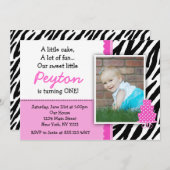 Hot-Roze Zebra print eerste verjaardag uitnodiging (Voorkant / Achterkant)