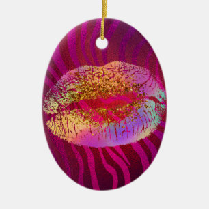 Hot Roze Zebra Regenboog Gouden Glitter Lippen Cus Keramisch Ornament