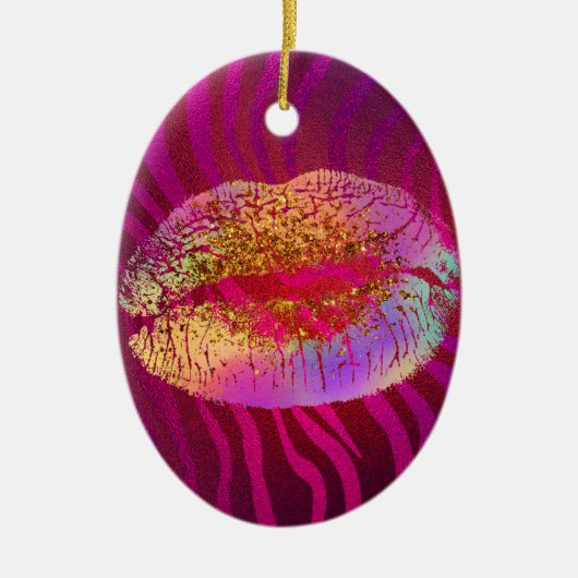 Hot-roze Zebra regenbooggoud Glitter Licht Aangepa Keramisch Ornament (Voorkant)
