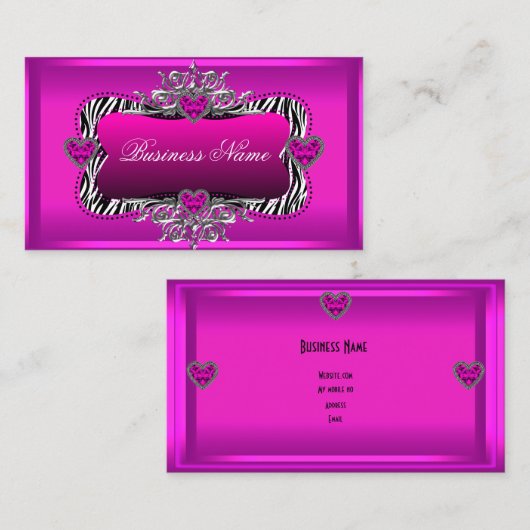 Hot-roze Zebra Silver Diamond Hearts Elegant Visitekaartje (Voorkant / Achterkant)