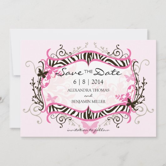Hot-roze Zebra Sla de datum op Save The Date (Voorkant)