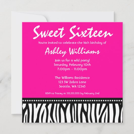 Hot-roze Zebra Sweet 16 Kaart (Voorkant)