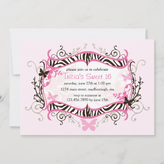 Hot-roze Zebra Sweet 16 Kaart (Voorkant)