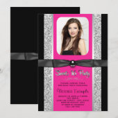 Hot Roze Zilveren Glitter Sweet 16 Party Kaart (Voorkant / Achterkant)