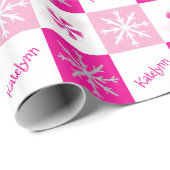 Hot Roze & Zilveren Pepermunt & Sneeuwvlokken Naam Cadeaupapier (Rol Hoek)