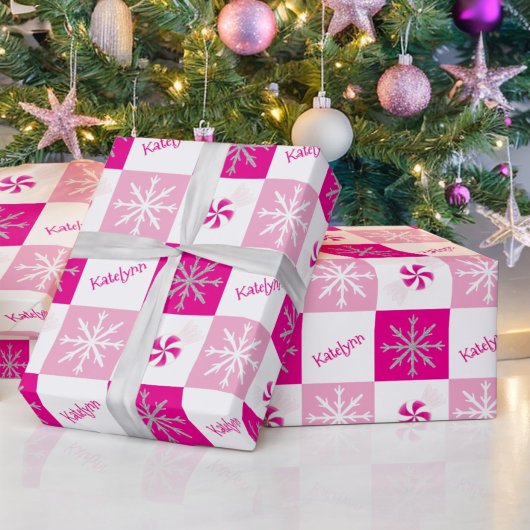 Hot Roze & Zilveren Pepermunt & Sneeuwvlokken Naam Cadeaupapier