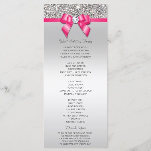 Hot Roze Zilveren Sequin Diamond Bow Wedding Progr Programmakaart (Achterkant)