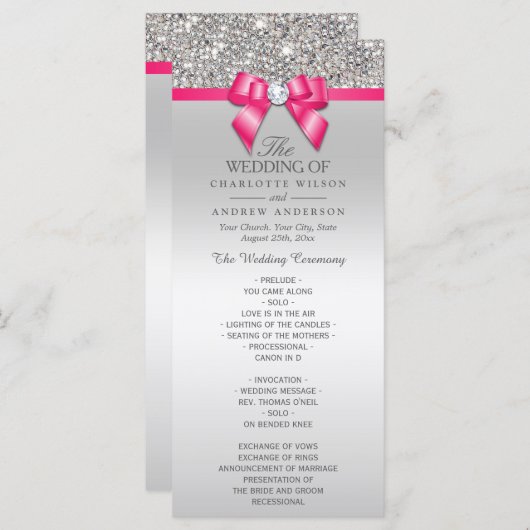 Hot Roze Zilveren Sequin Diamond Bow Wedding Progr Programmakaart (Voorkant / Achterkant)