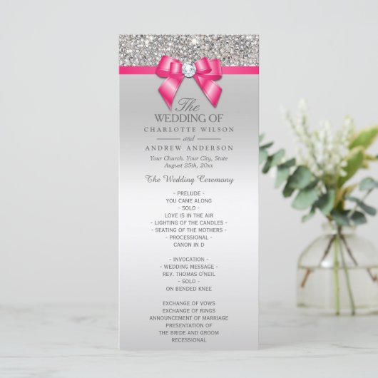 Hot Roze Zilveren Sequin Diamond Bow Wedding Progr Programmakaart (Staand voorkant)