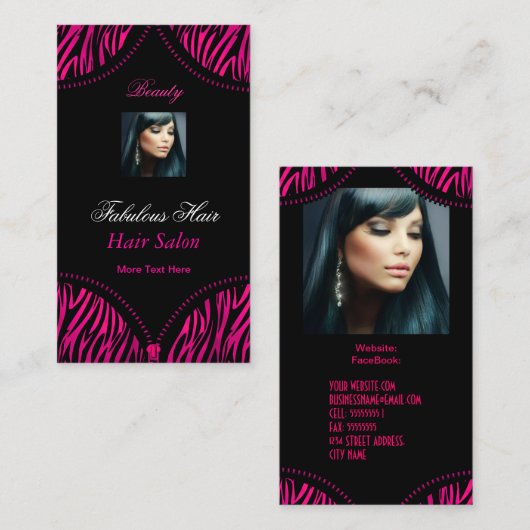 Hot Roze Zwart 2 ZEBRA Vouw Over Beauty haar Salon Visitekaartje (Voorkant / Achterkant)
