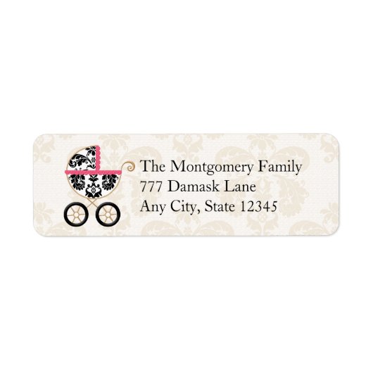HOT ROZE ZWART DAMASK BABY CARRIAGE RETOURADRES ETIKET (Voorkant)