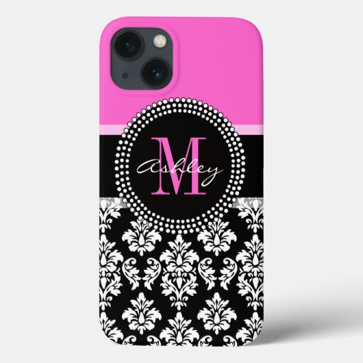 Hot-roze zwart Damask Monogrammed Case-Mate iPhone Case (Achterkant)