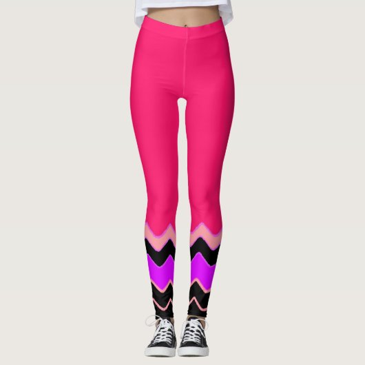 Hot-roze, zwart en wit Chevron-patroon Leggings (Voorkant)