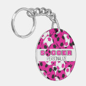 Hot-roze, zwart en wit Voetbal personaliseren Sleutelhanger (Voorkant Links)