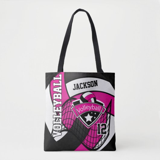 Hot-roze, zwart en wit volleybal tote bag (Voorkant)