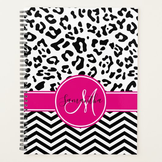 Hot Roze Zwart en Witte Luipaard Chevron Monogram Planner (Voorkant)