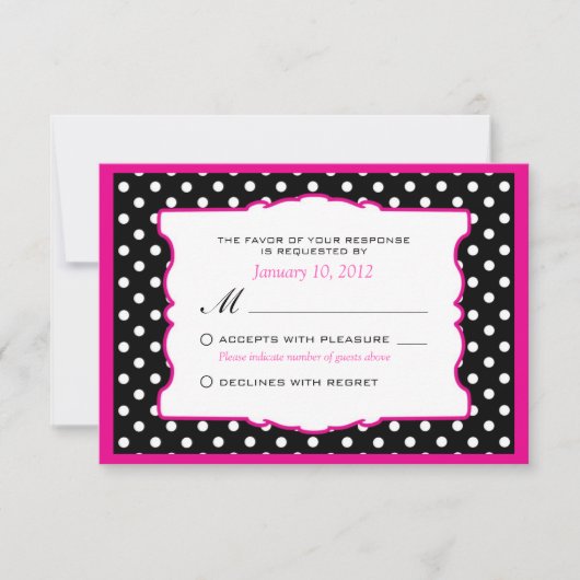 Hot-roze zwart en witte pokadoding RSVP Kaartje (Voorkant)