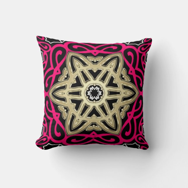 Hot-roze zwart & Gold Celtic Star Big Cushion Kussen (Voorkant)
