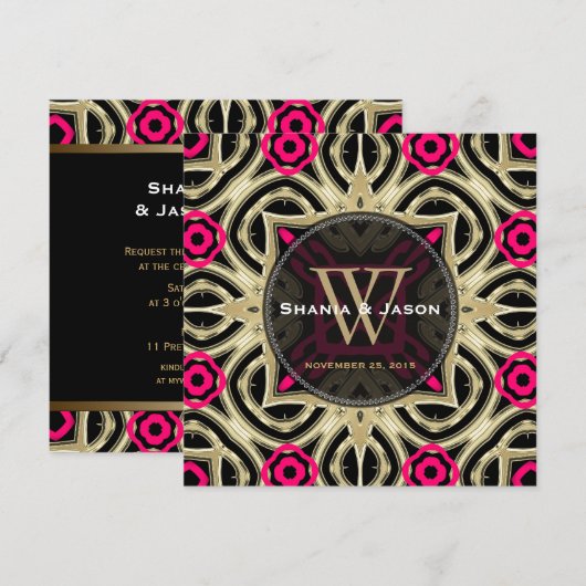 Hot Roze Zwart Goud Moderne bruiloft Kaart (Voorkant / Achterkant)