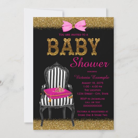 Hot Roze Zwart Goud Princess Stoel Baby shower Kaart (Voorkant)