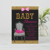 Hot Roze Zwart Goud Princess Stoel Baby shower Kaart (Staand voorkant)