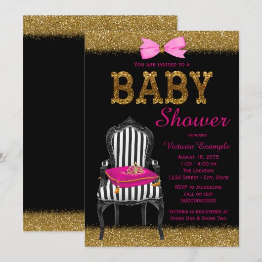 Hot Roze Zwart Goud Princess Stoel Baby shower Kaart (Voorkant / Achterkant)