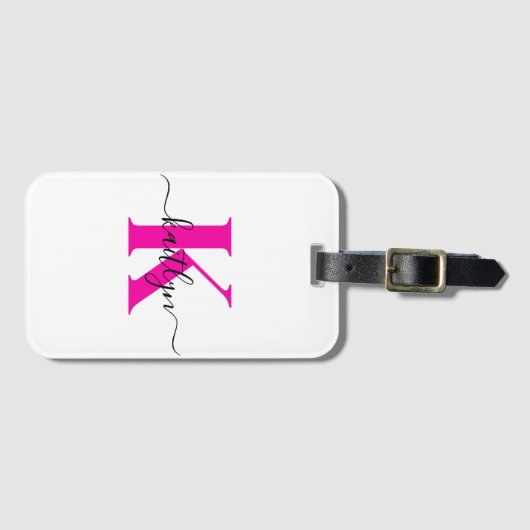 Hot Roze Zwart Initiaal Naam Monogrammed Bagagelabel (Voorkant (horizontaal))
