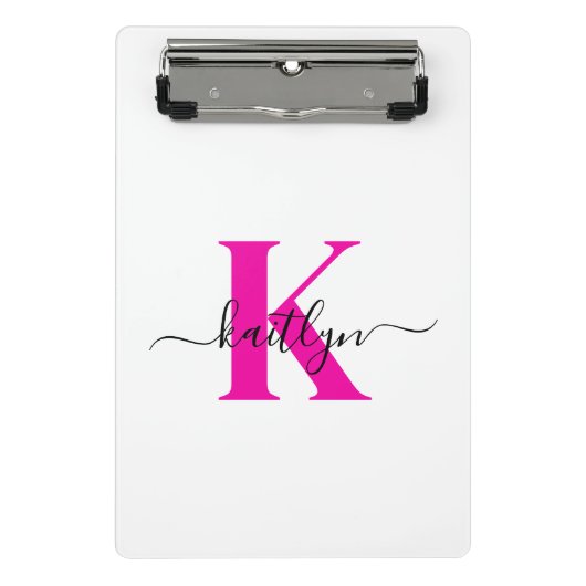 Hot Roze Zwart Initiaal Naam Monogrammed Mini Klembord (Voorkant)