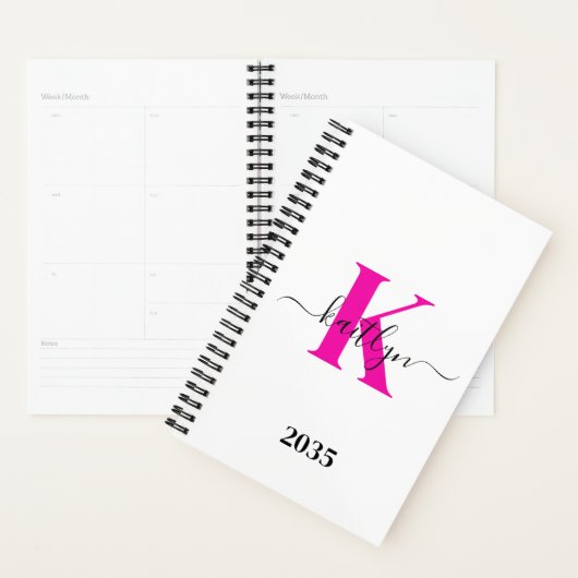 Hot Roze Zwart Initiaal Naam Monogrammed Planner (Display)