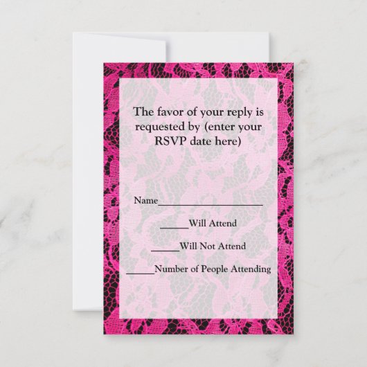 Hot-roze/zwart, kant-en-klaar RSVP kaartje (Achterkant)