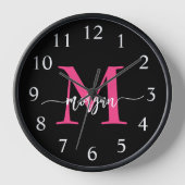 Hot Roze Zwart Modern Script Girly Monogram Naam (Voorkant)