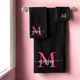Hot Roze Zwart Modern Script Girly Monogram Naam Bad Handdoek