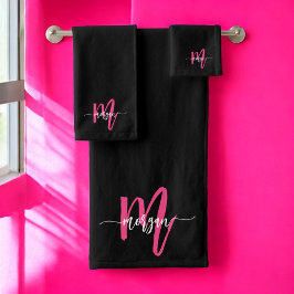 Hot Roze Zwart Modern Script Girly Monogram Naam Bad Handdoek