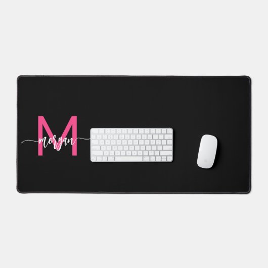 Hot Roze Zwart Modern Script Girly Monogram Naam Bureaumat (Keyboard & Muis)