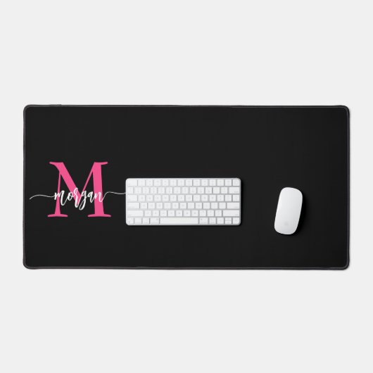 Hot Roze Zwart Modern Script Girly Monogram Naam Bureaumat (Keyboard & Muis)