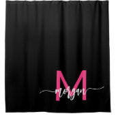 Hot Roze Zwart Modern Script Girly Monogram Naam Douchegordijn (Voorkant)