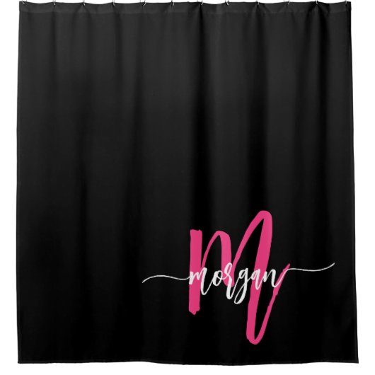 Hot Roze Zwart Modern Script Girly Monogram Naam Douchegordijn (Voorkant)